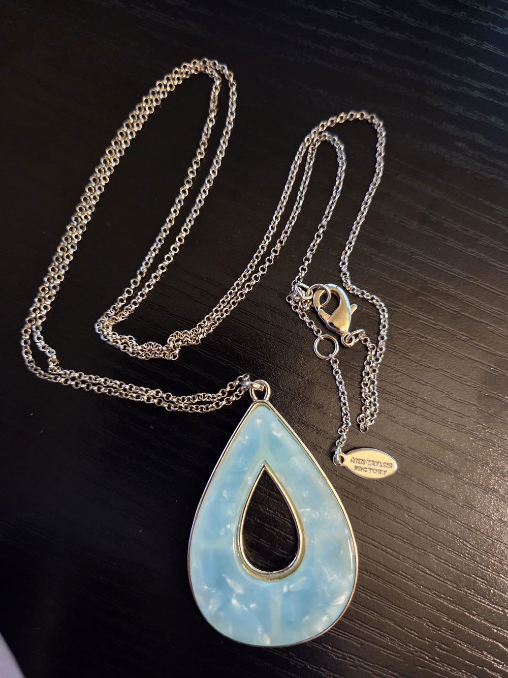 Ann Taylor Factory Gold Tone Necklace Open Teardrop Sea Green  Pendant 32"